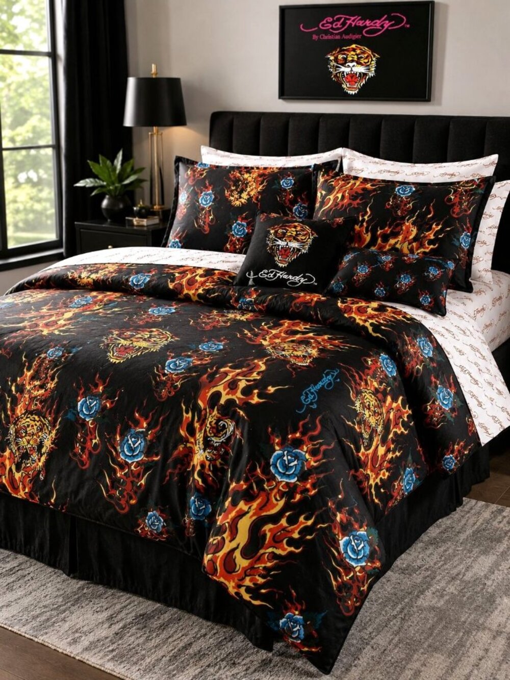 Ed Hardy Queen Comforter Set Shams Pillow Sheets w Black Roses Flames Black